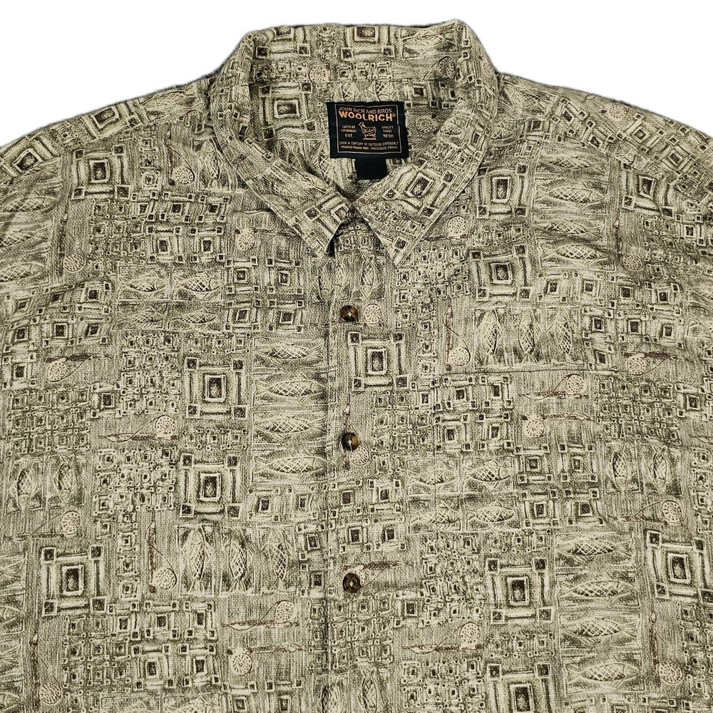 VTG Hawaiian Shirt by Woolrich Cotton Khaki Gemometric Leaves Men's XXXL